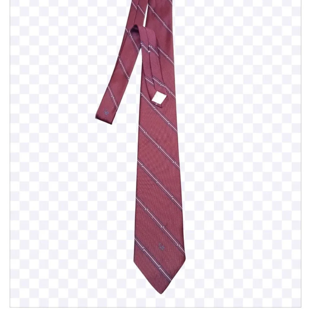 Vintage Christian Dior Designer Burgundy Brown Blue Stripe Silk Blend Tie Dad Me